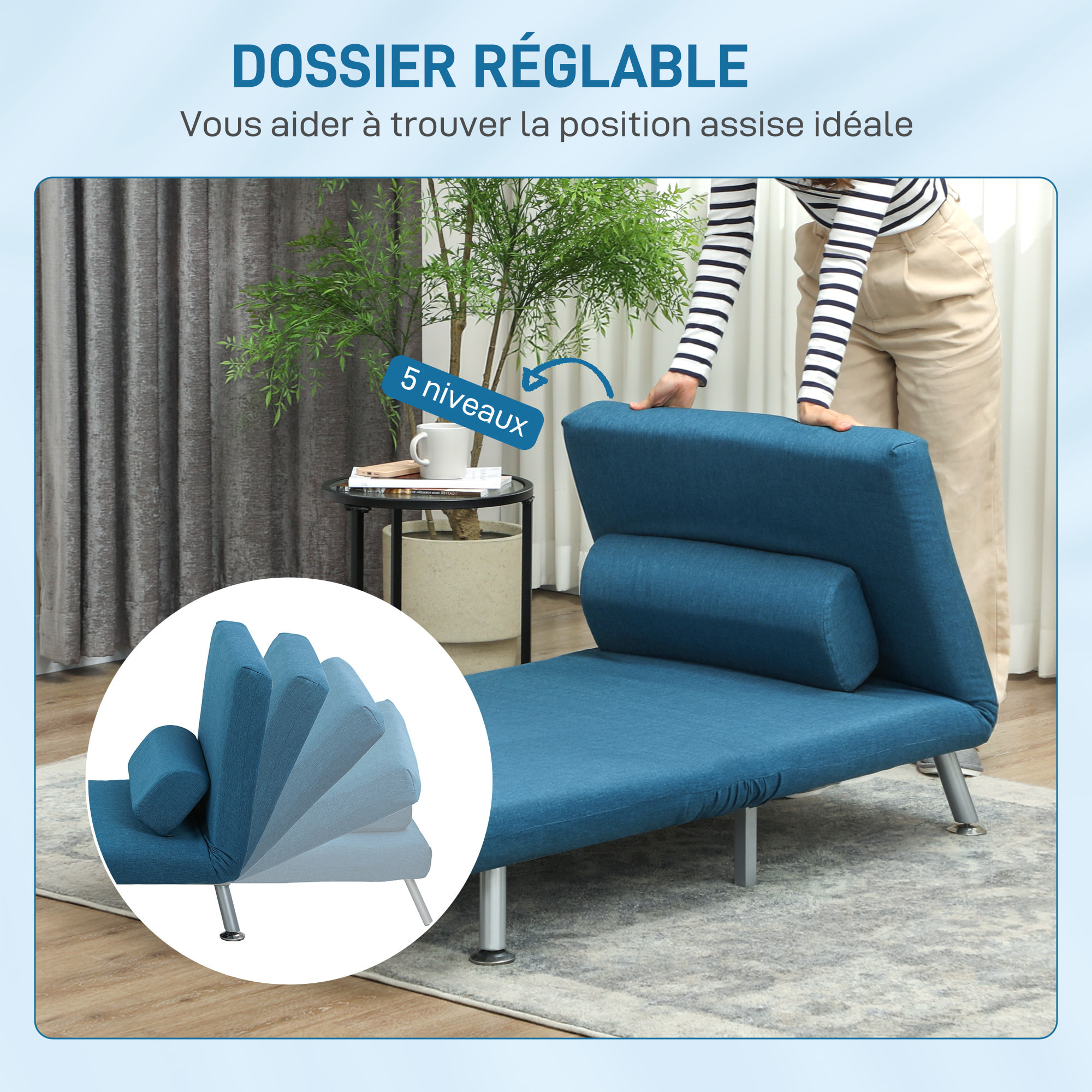Fauteuil convertible 3 en 1 chauffeuse lit avec coussin bleu canard