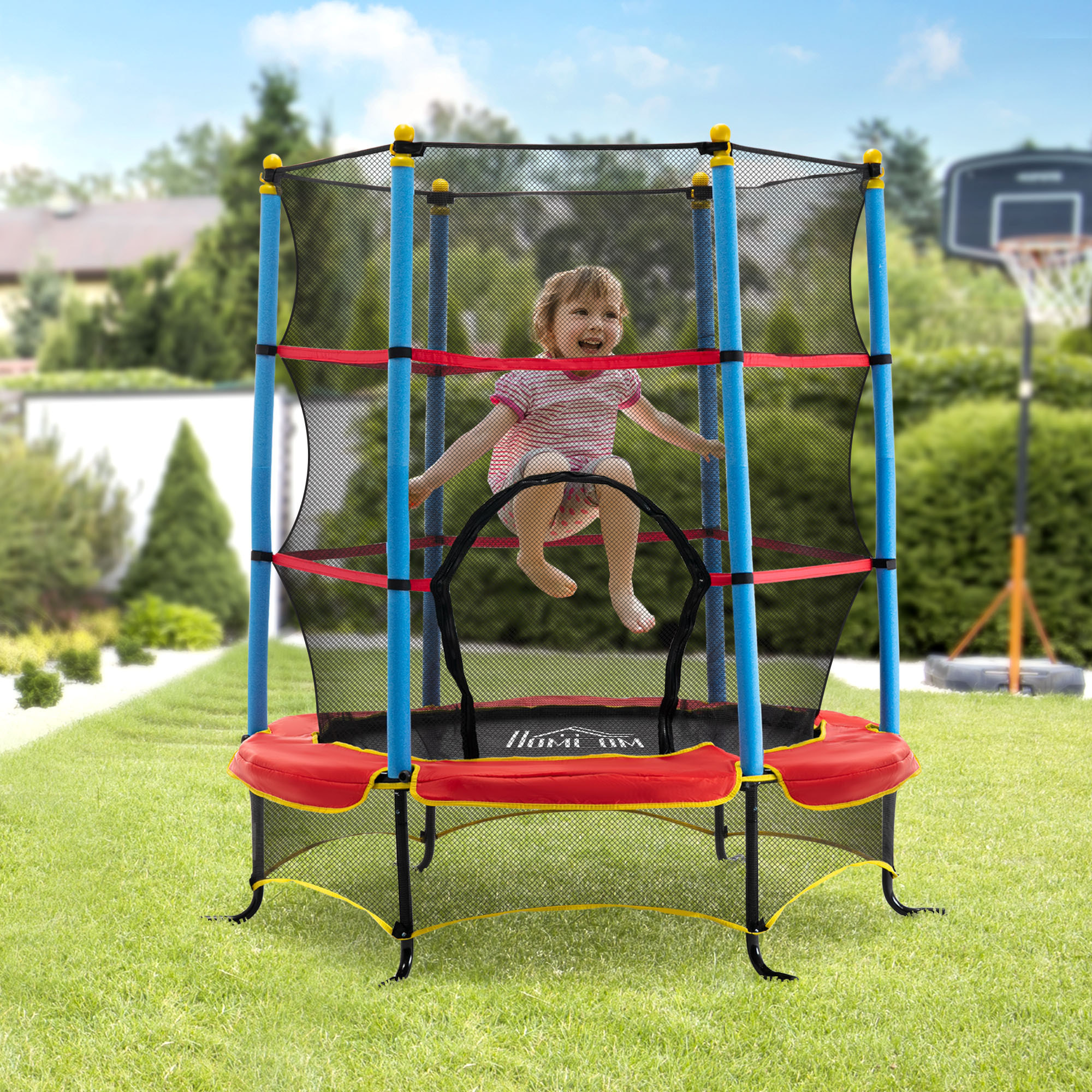 Trampoline de jardin enfant Ø 1,65 × 1,62H m filet de sécurité porte zipée couvre-ressorts + 6 poteaux rembourrés inclus rouge bleu noir