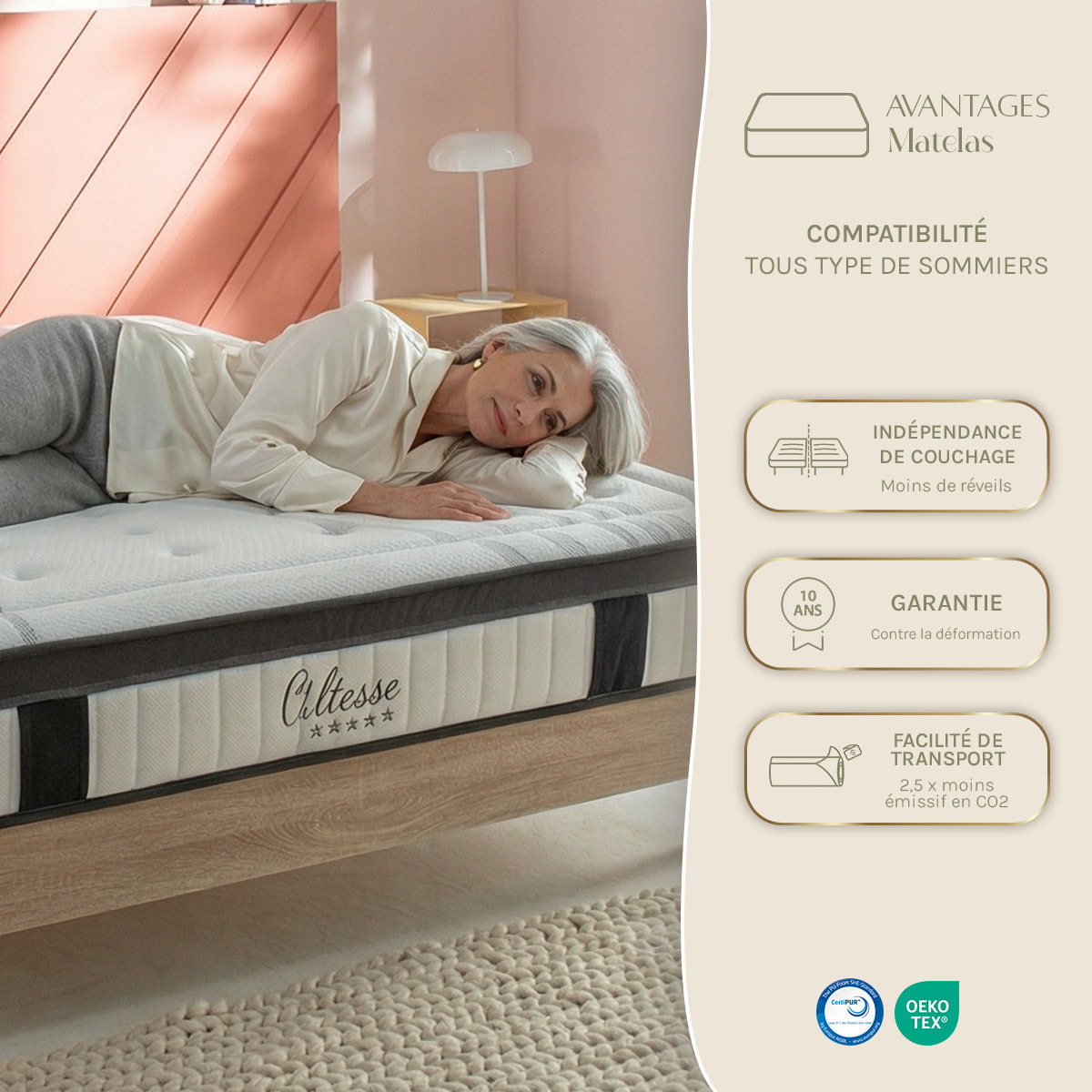 Matelas Altesse, Mémoire de Forme & Mousse Polyruéthane Hyper Soft, Soutien Ferme, 27 cm, Accueil Progressif et Enveloppant