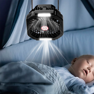 Ventilador P10 con motor sin escobillas, LED con 16 luces, 4 velocidades, 3 niveles de luz y 3 temporizadores. Incluye mando y powerbank de 7800 mAh.