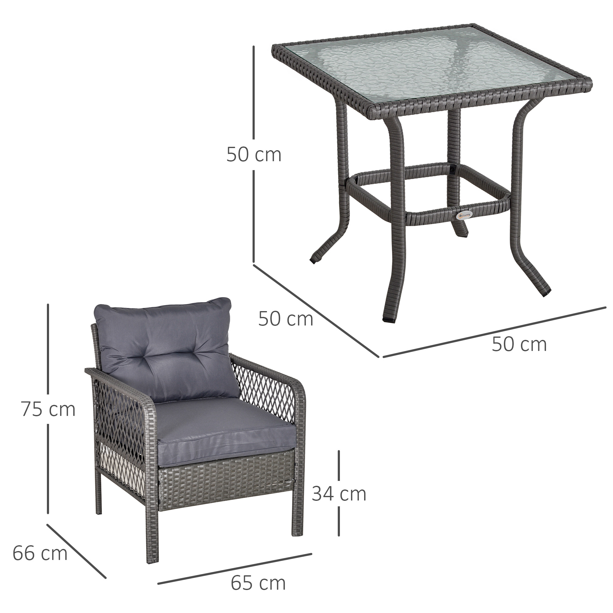 Conjunto de Muebles de Ratán Jardín 2 Sillones y 1 Mesa de Vidrio Templado Gris