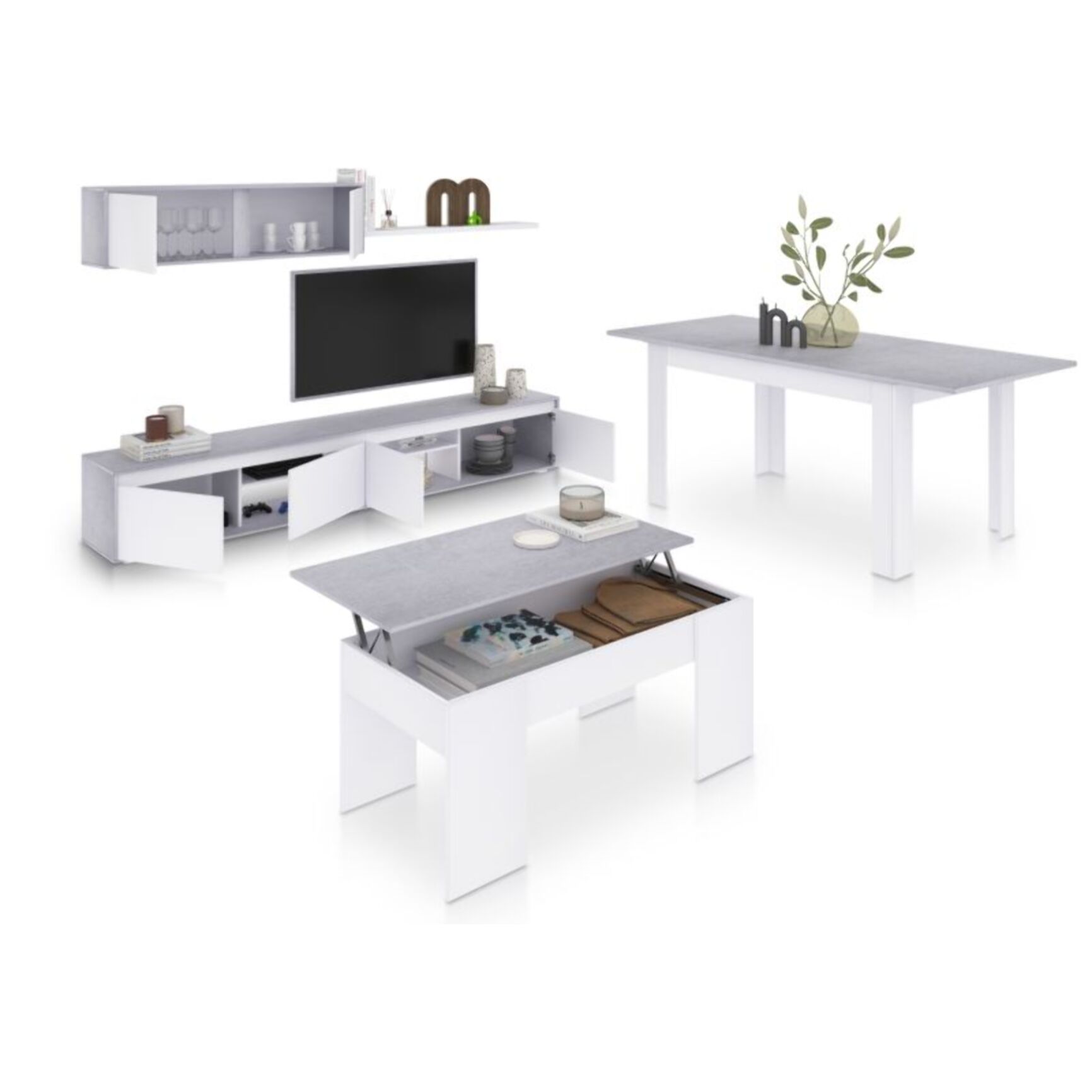 Pack salón con mesa de centro y mesa de comedor Arlet Max V2B Blanco Artik (Blanco Mate) - Gris Cemento