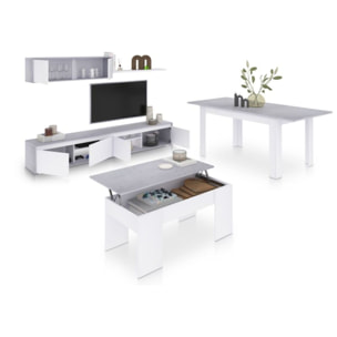 Pack salón con mesa de centro y mesa de comedor Arlet Max V2B Blanco Artik (Blanco Mate) - Gris Cemento