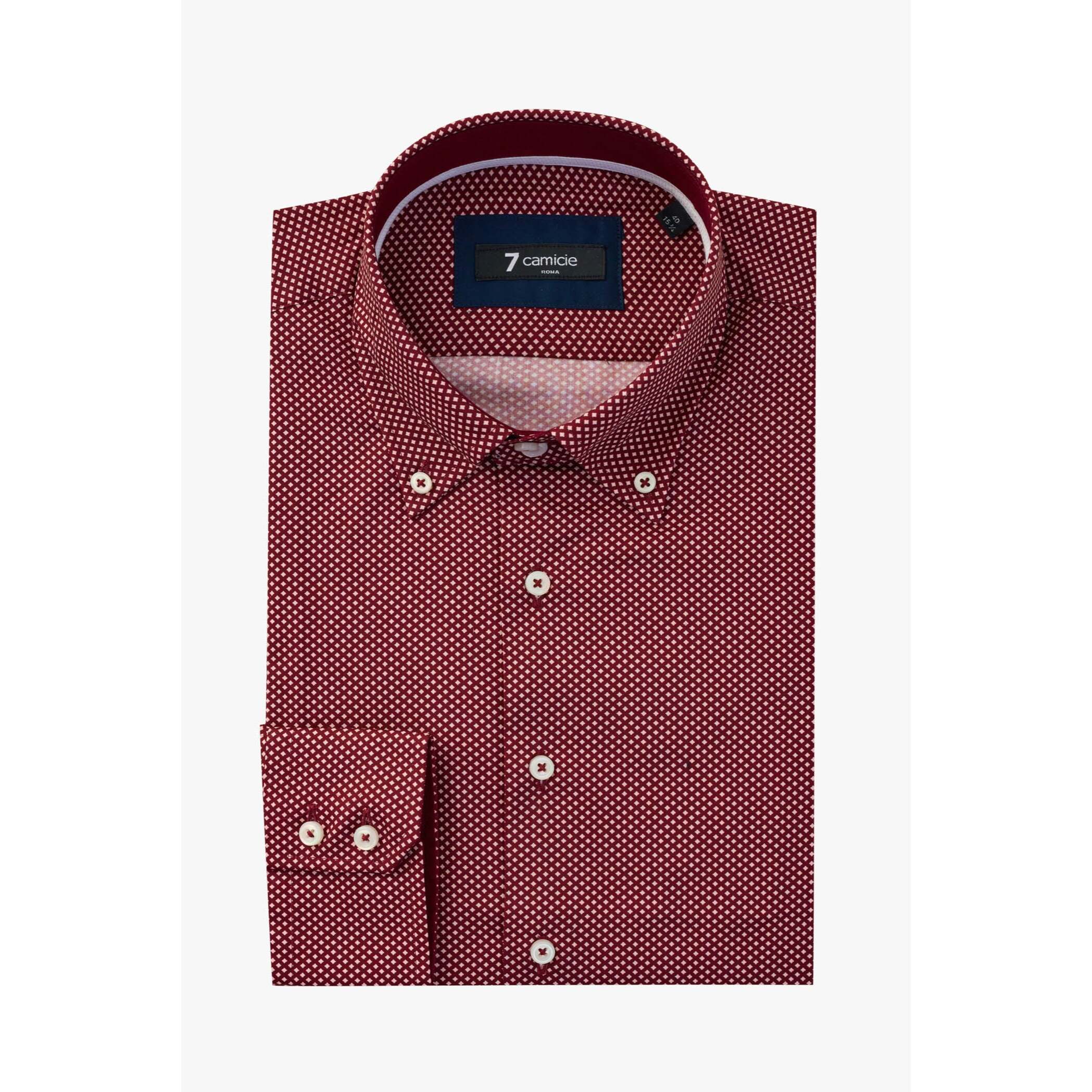 Camicia Uomo 2 Bottoni Button Down Slim Popeline Stampato Bordeaux e Panna