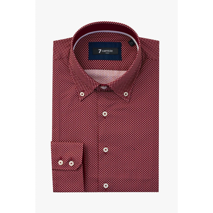 Camicia Uomo 2 Bottoni Button Down Slim Popeline Stampato Bordeaux e Panna