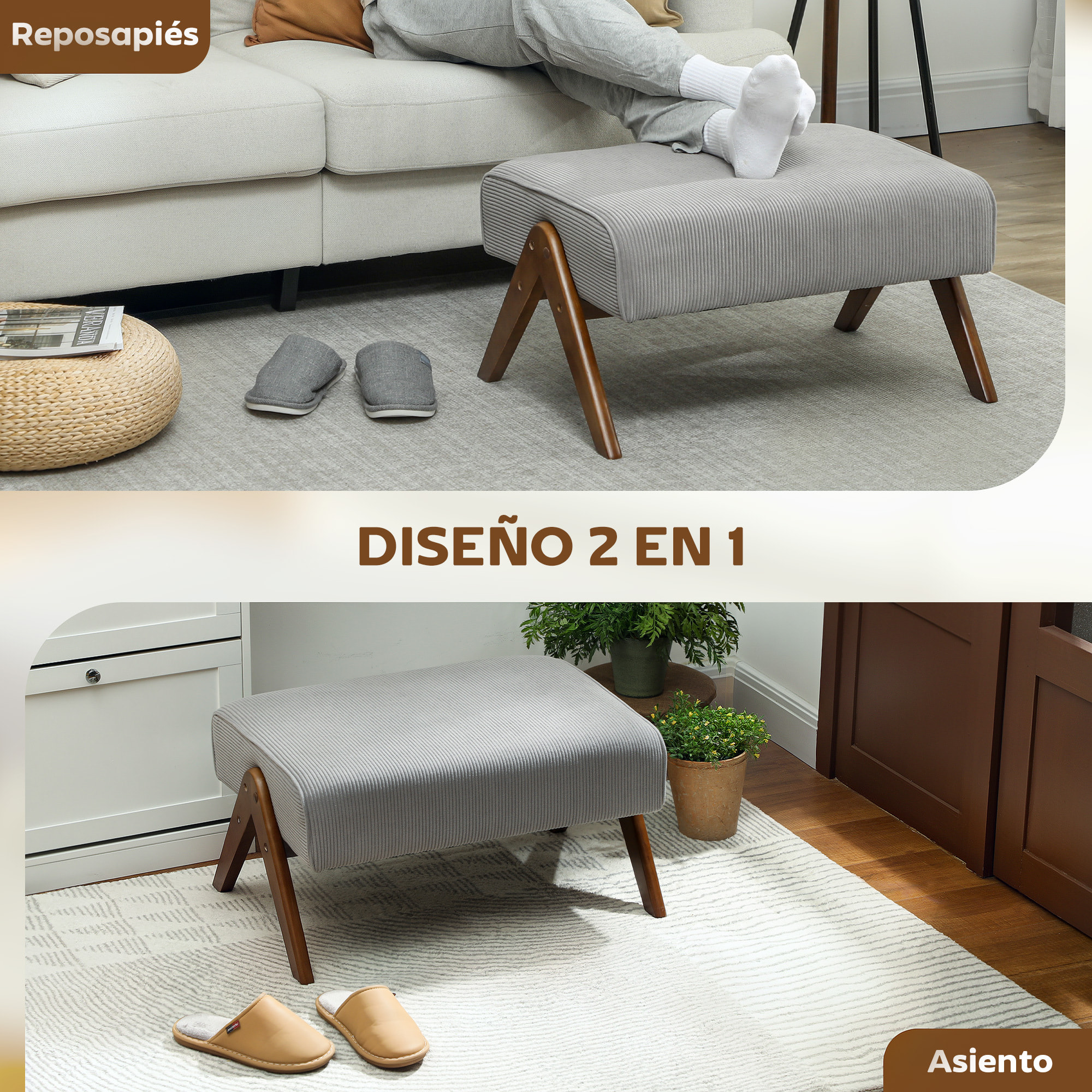 Reposapiés de Salón Taburete Bajo Tapizado en Pana Otomana Rectangular con Asiento Acolchado y Patas de Madera para Sala de Estar Dormitorio Gris Claro