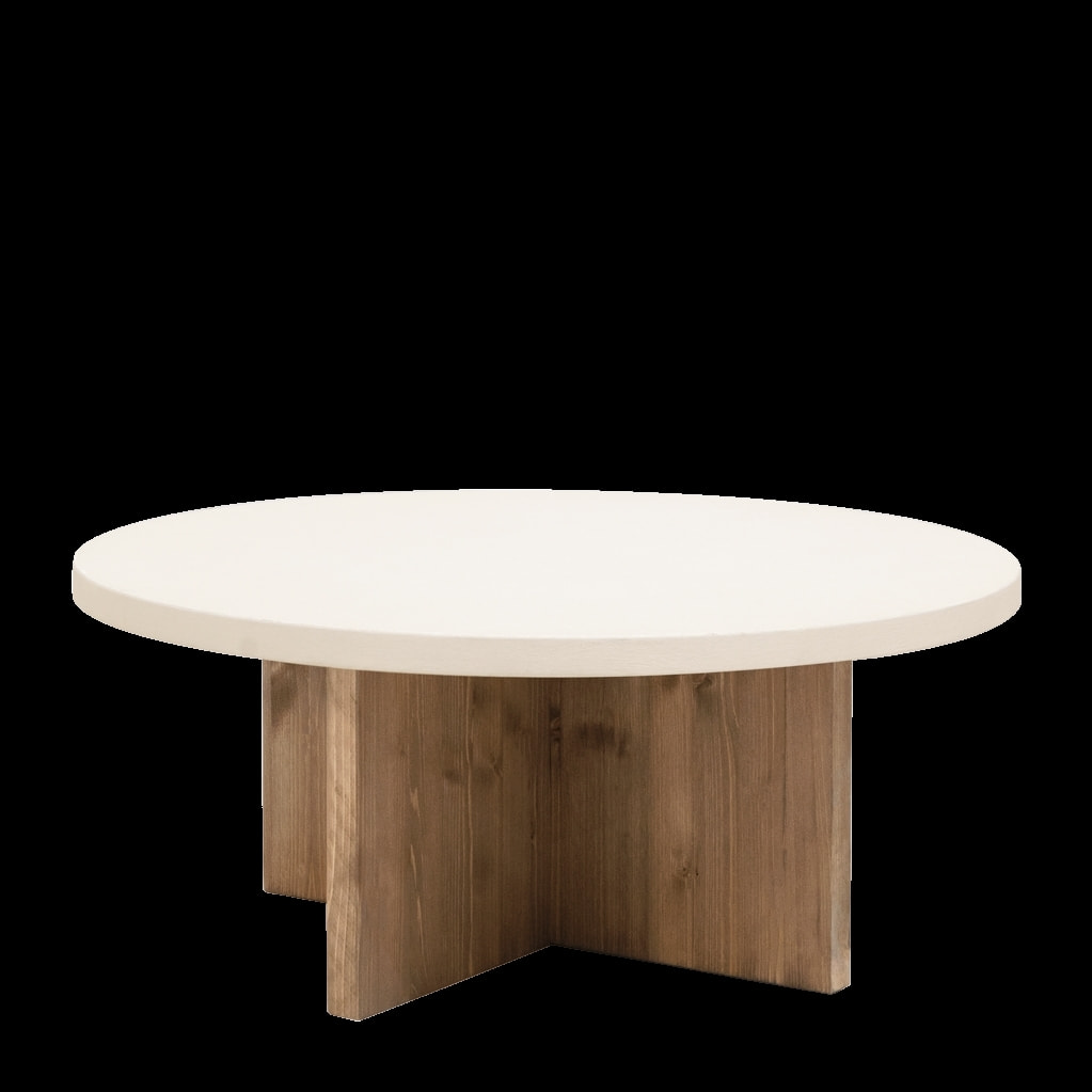 Table basse ronde en microciment de couleur blanc cassé avec des pieds en bois de chêne foncé en différentes tailles