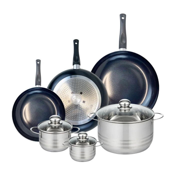 Ensemble de 3 Poêles de cuisson 24, 28 et 32 cm et 3 faitouts 12, 14 et 24 cm Elo Prima Brillant