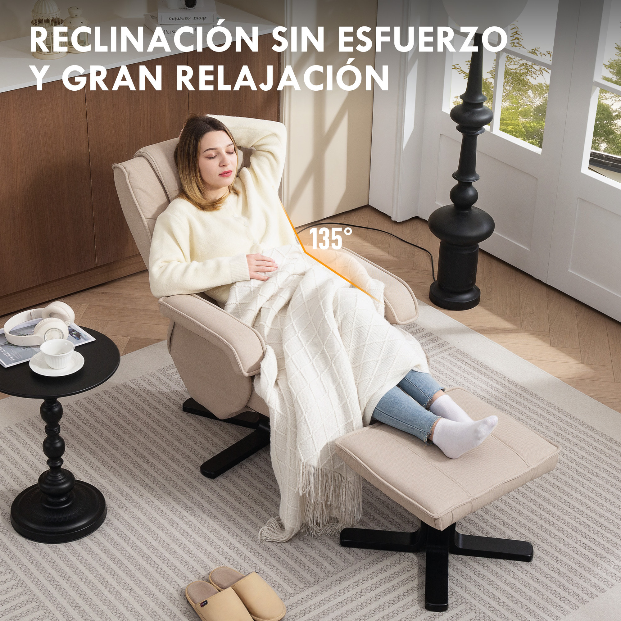 Sillón Relax Reclinable con Reposapiés Butaca de Salón Giratoria Tapizado en Lino con Base de Madera Función Basculante Butaca para Dormitorio Sala de Estar Beige