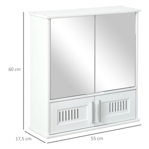 Armoire murale de salle de bain avec miroir - armoire à glace - placard de rangement toilettes - 4 portes, étagère - verre MDF blanc