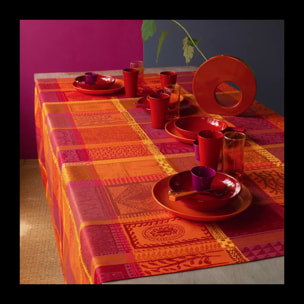 Nappe pur coton enduit motif jacquard orange rouge Mille wax ketchup