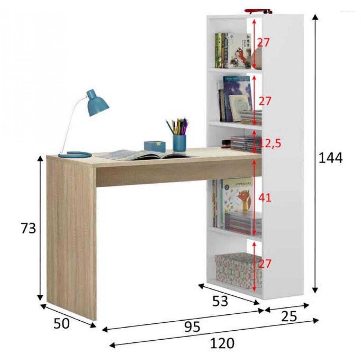 Scrivania Denton, Scrittoio multifunzione reversibile con libreria a 5 ripiani, Tavolo da studio o ufficio porta PC portalibri, cm 120x53h144, Bianco e Rovere