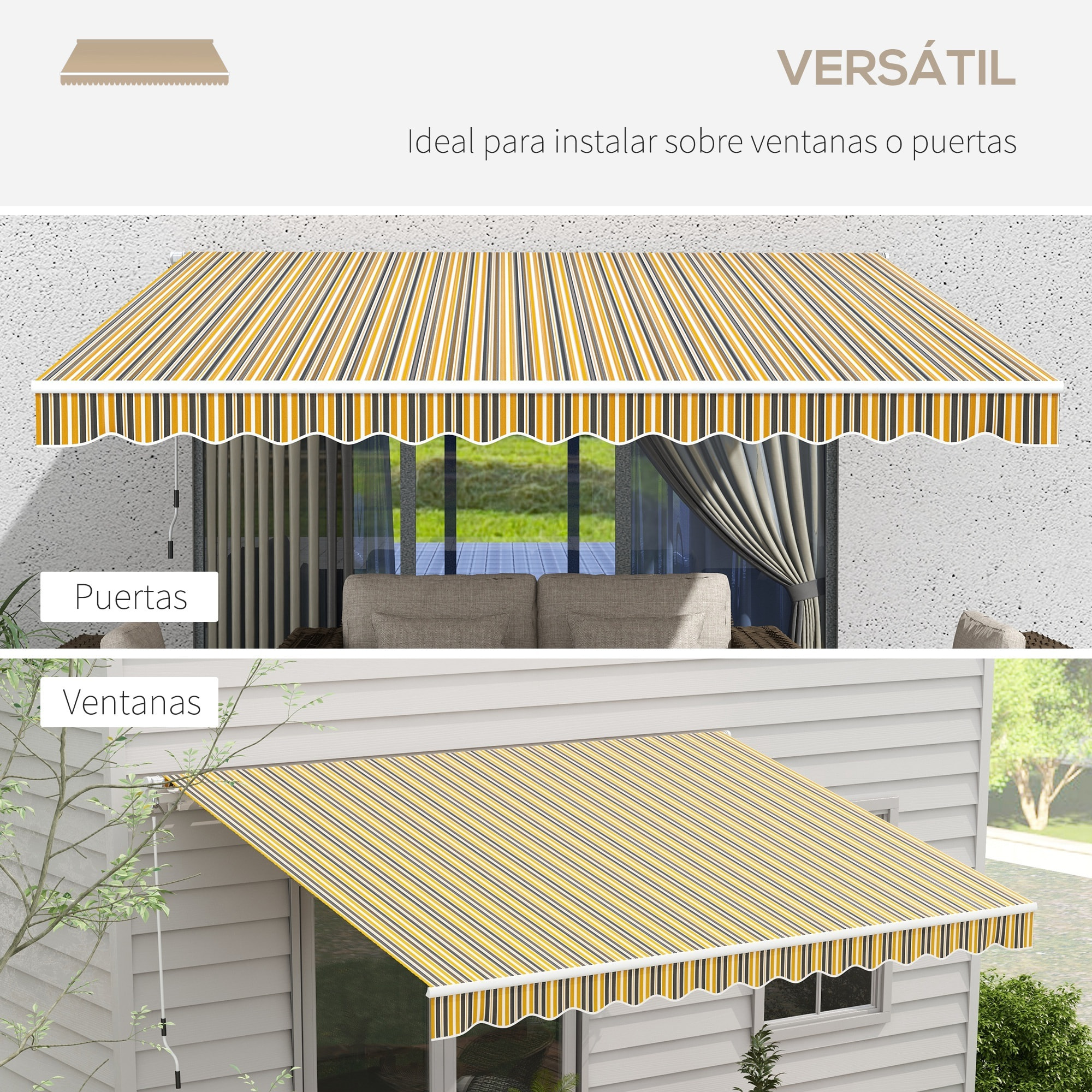 Toldo Manual Retráctil 350x250 cm Toldo para Balcón con Manivela de Metal Impermeable y Anti-UV Toldo Enrollable de Exterior para Jardín Terraza Ventanas Gris y Amarillo