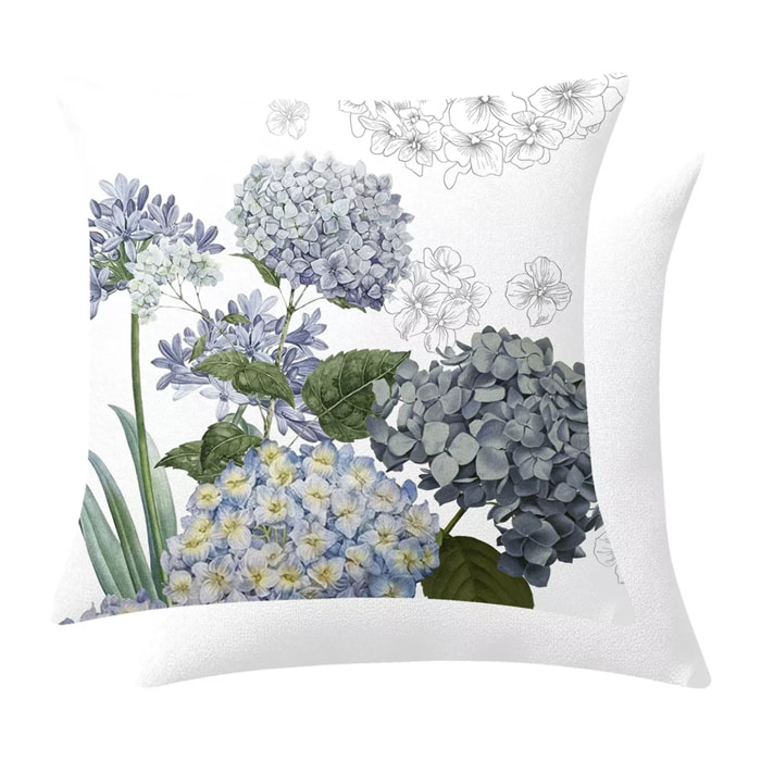 Housse de coussin lin & coton 165 g/m² imprimé blanc bleu Jardin de bretagne bleu