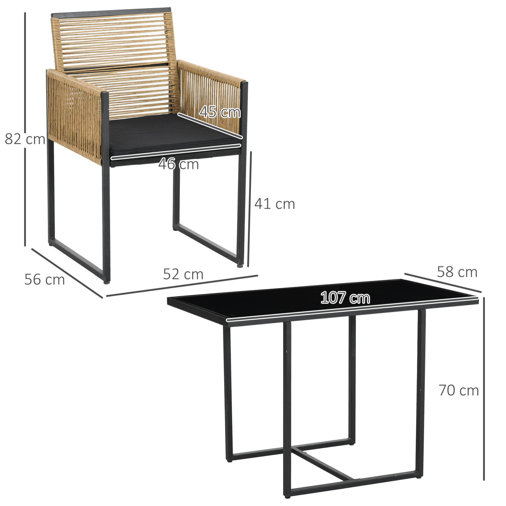 Conjunto de Mesa y Sillas de Jardín Exterior Juego de 3 Piezas Sillas con Respaldo Plegable y Cojines y Mesa de Cristal Diseño Anidado para Terraza Patio Natural y Negro