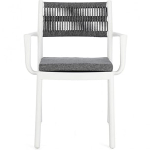 Set di 4 sedie ALVIN in polipropilene bianco e corda intrecciata grigio scuro, con braccioli