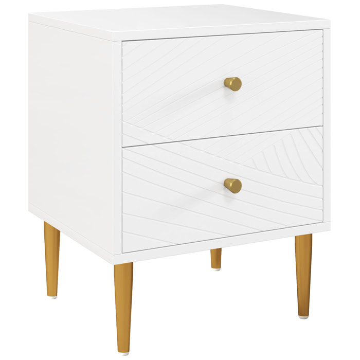 Chevet table de nuit design graphique - 2 tiroirs - piètement poignées métal doré blanc