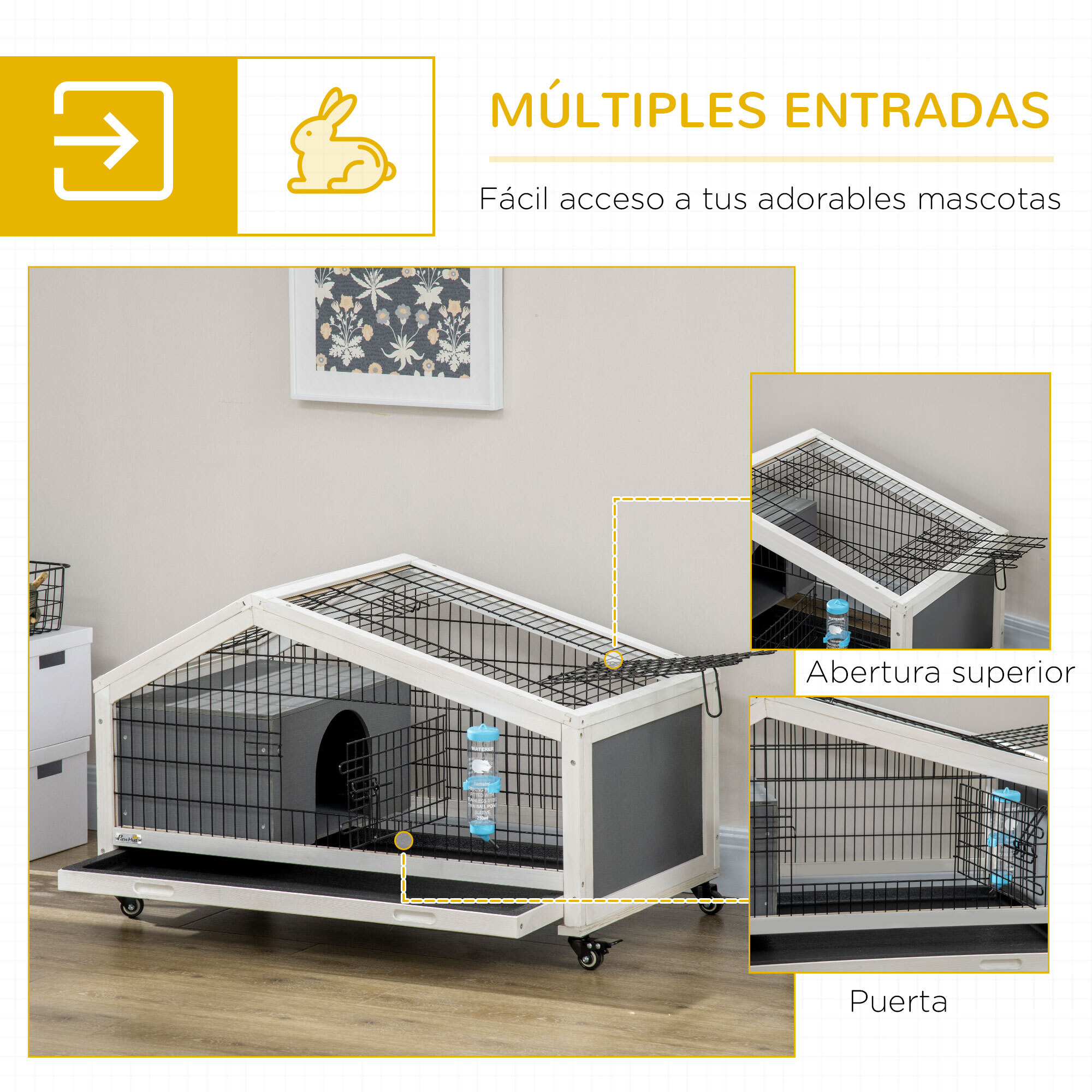 Conejera de Madera con Ruedas 90x53x55 cm Jaula de Conejillos con Bandeja Extraíble y Botella de Agua Casita para Animales Pequeños Gris Oscuro