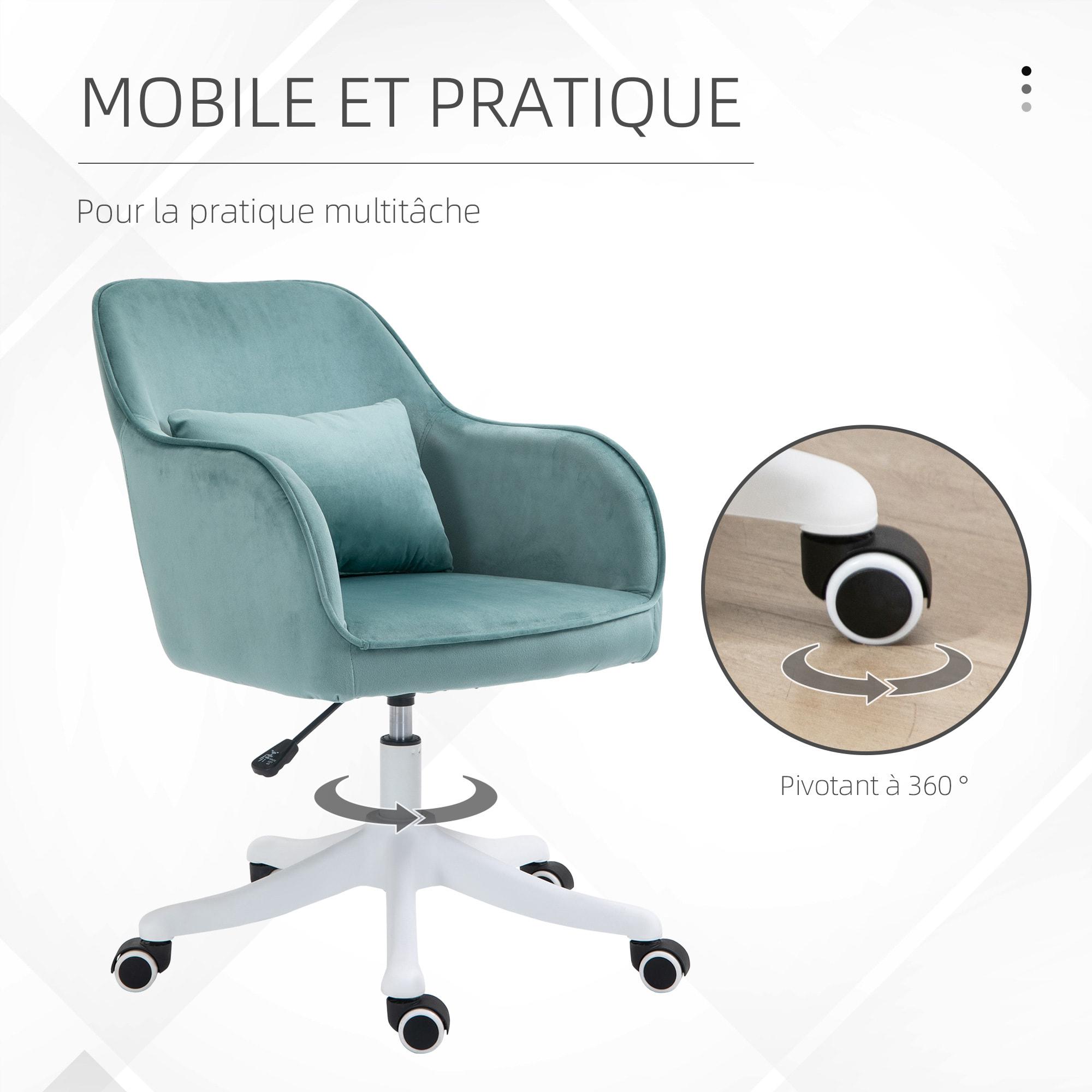 Chaise de bureau velours fauteuil bureau massant coussin lombaire intégré hauteur réglable pivotante 360° vert menthe