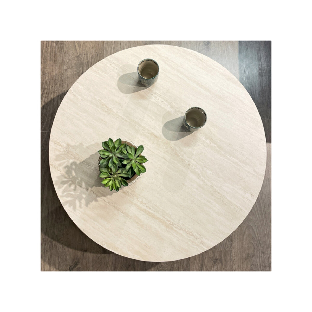 Table basse ronde D.80 cm bois et céramique beige marbré - OAK