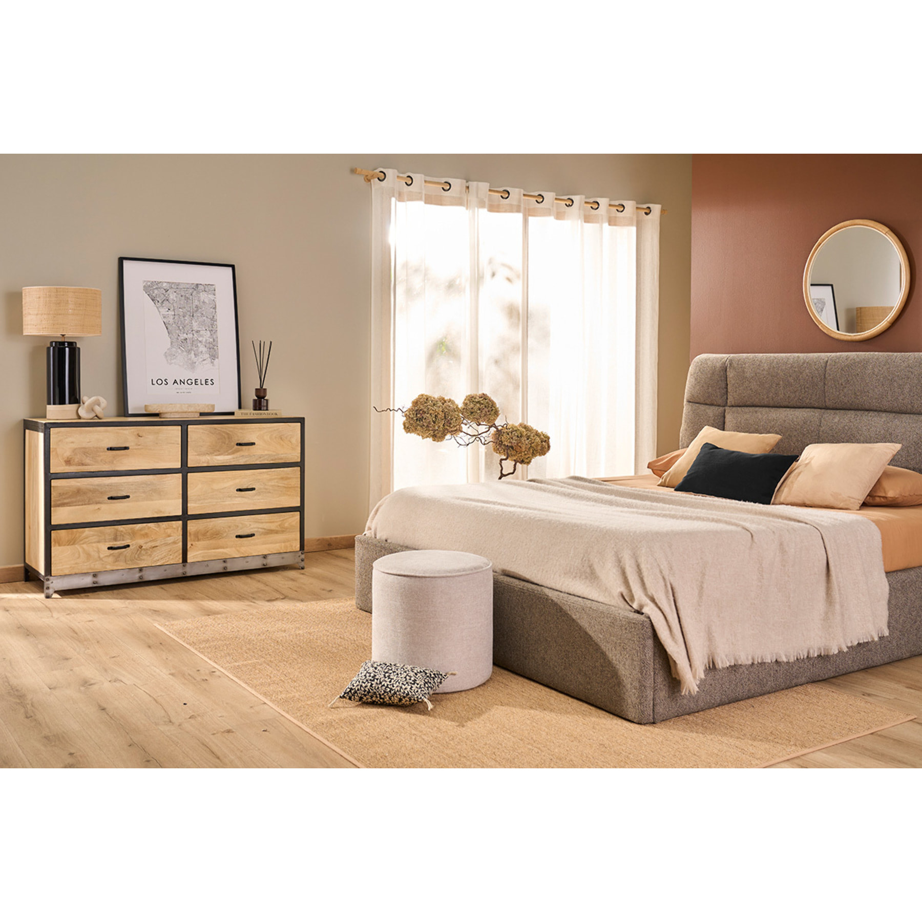 Pouf rond en tissu effet velours texturé beige D40 cm PAUL