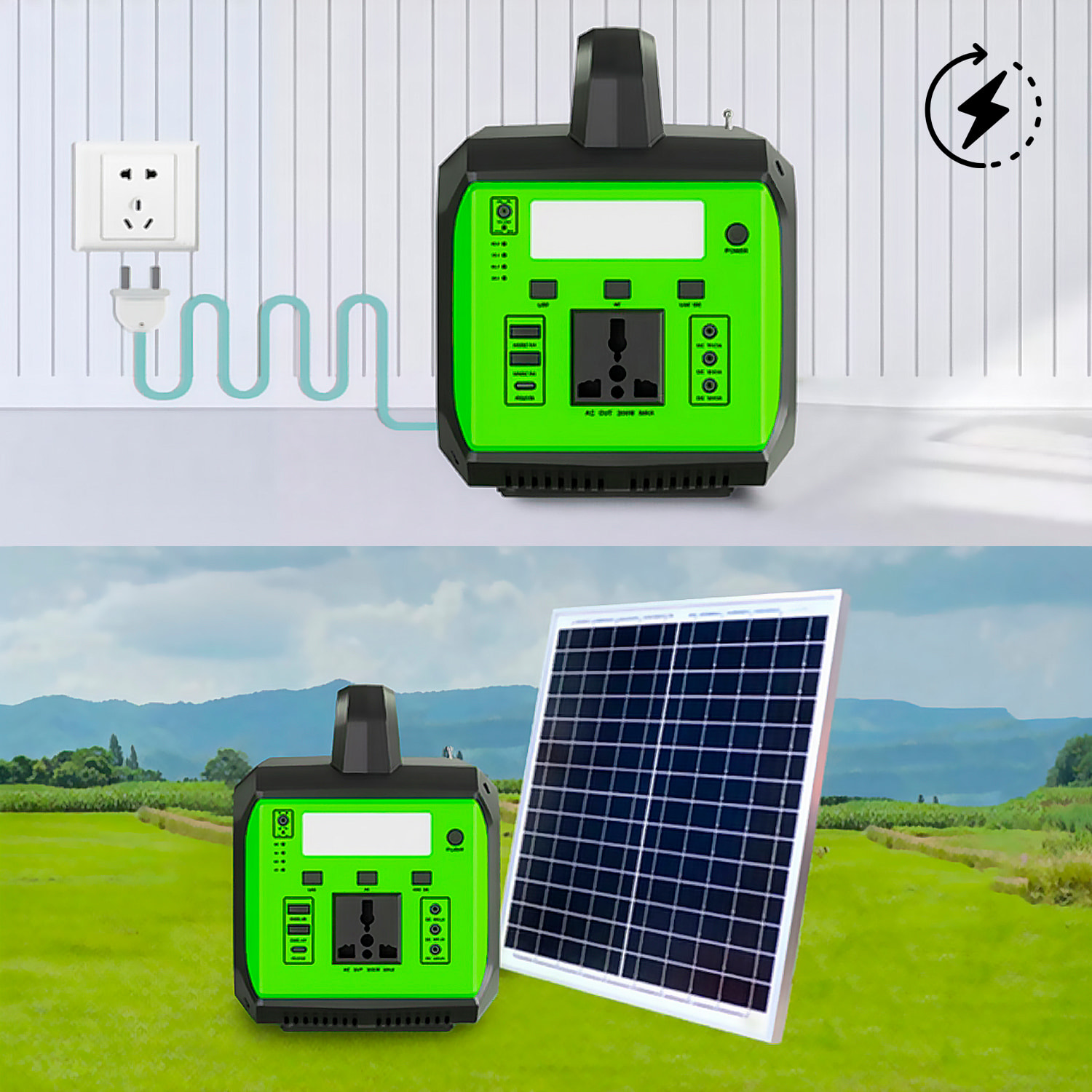 Estación de energía portátil CL-8102. 200W y batería de 12V 14Ah. Con altavoz de 20W y panel solar de 30W incluido. Luz LED integrada con 4 modos.