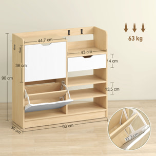 Zapatero Estrecho con 2 Puertas, Zapatero Entrada Recibidor con Estantes Ajustables, Cajón, Estantes Abiertos, 4 Ganchos, para 14 Pares de Zapatos, 93x30x90 cm, Natural y Blanco