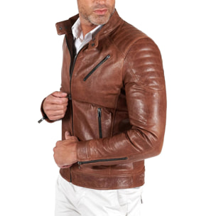 Giacca moto in pelle cuoio biker trapuntato spalle effetto liscio