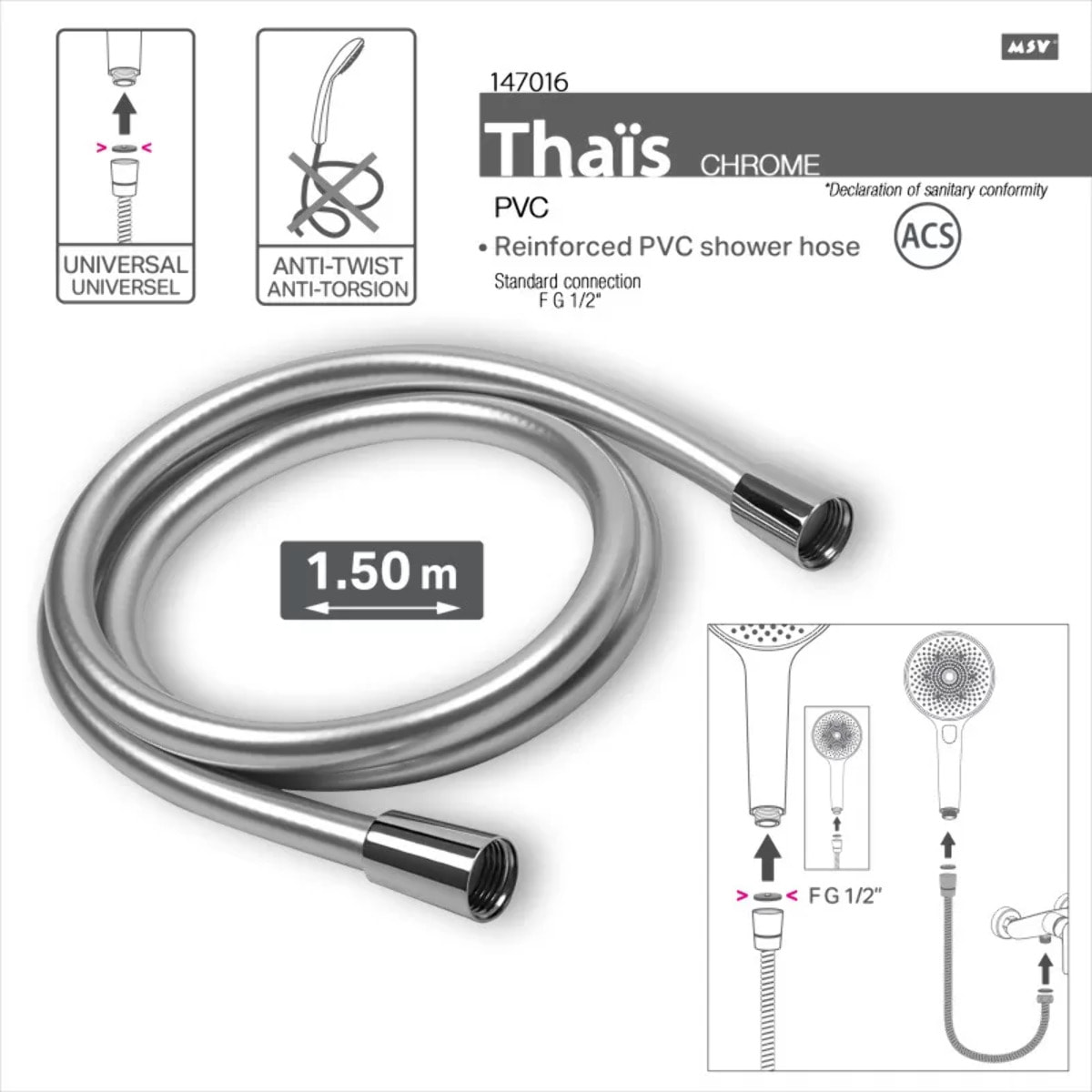 MSV Thaïs – Flexible de douche renforcé PVC 1,50 m Chrome