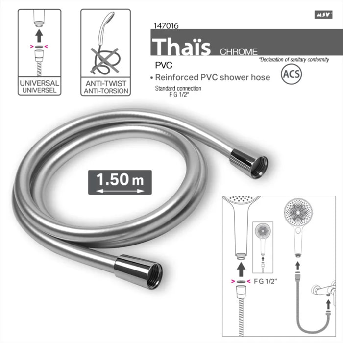 MSV Thaïs – Flexible de douche renforcé PVC 1,50 m Chrome