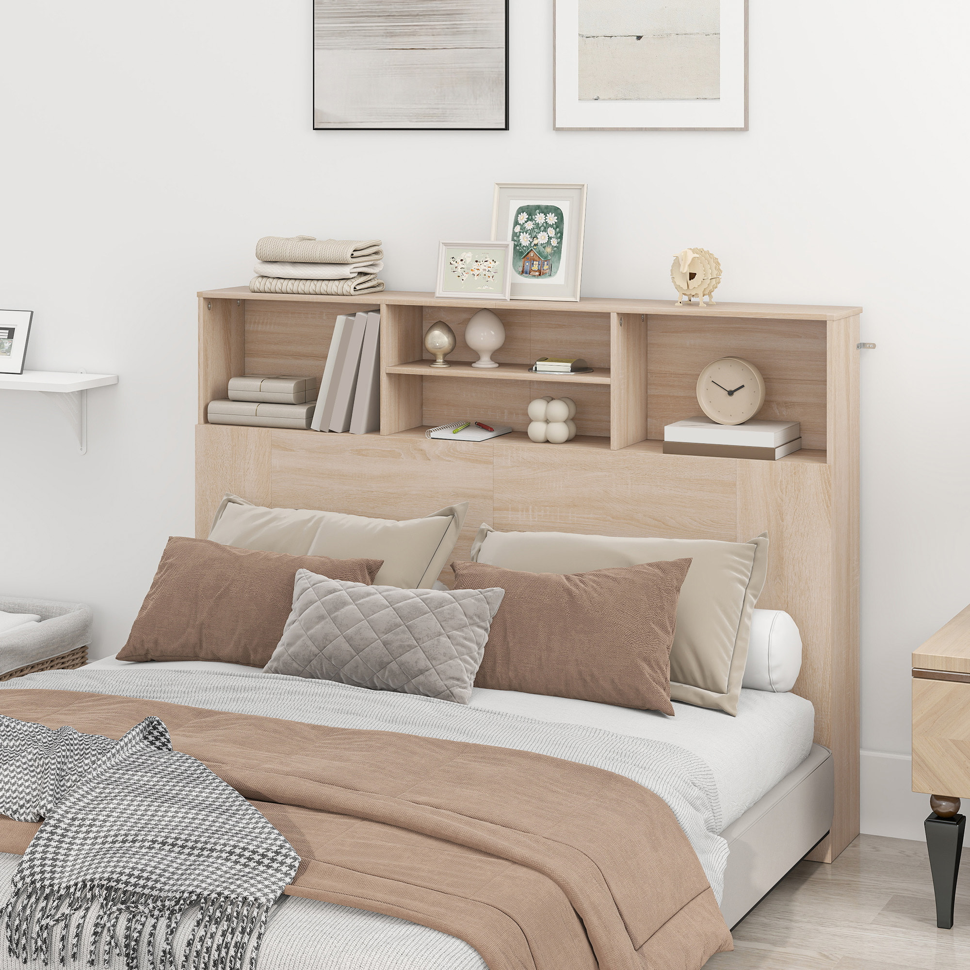 Tête de lit avec rangement - tête de lit bois 140 cm - 4 niches, grande étagère - naturel