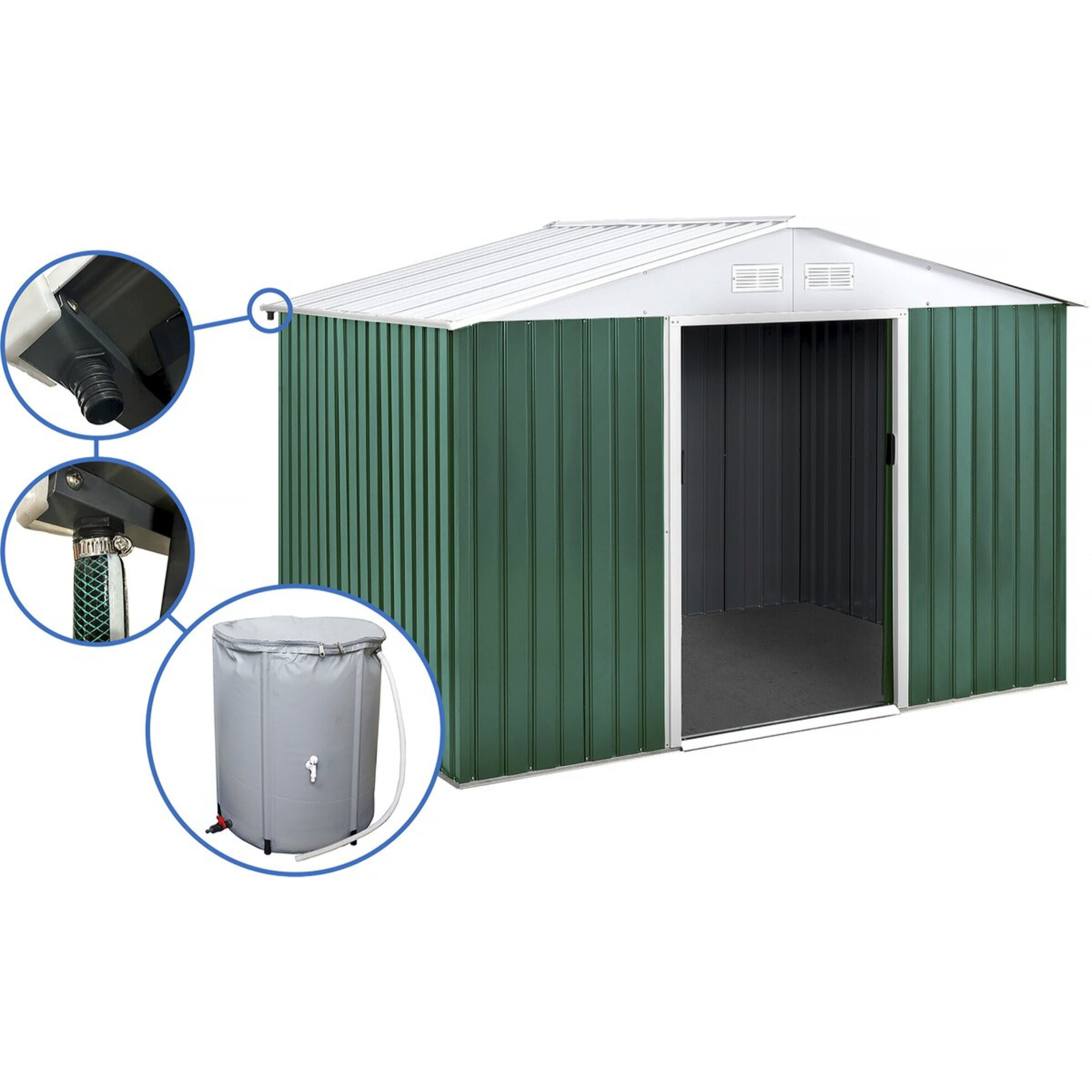 Abri de jardin métal - "Rosas " - 7,06 m² avec récupérateur d'eau et gouttière - Vert