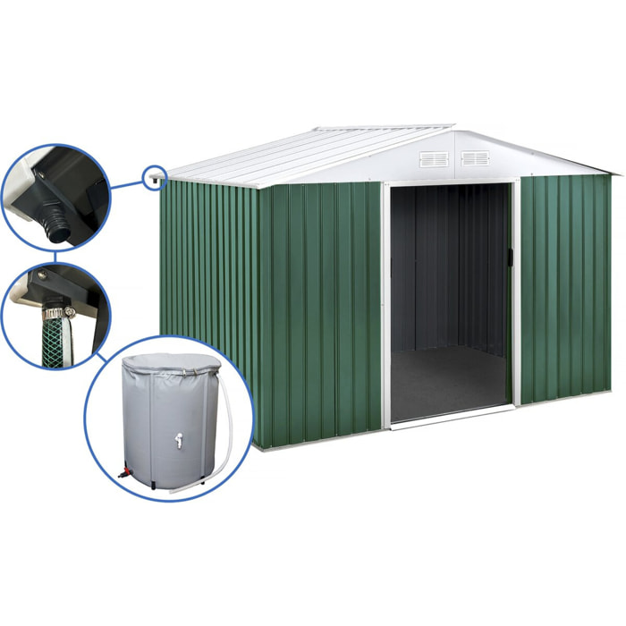 Abri de jardin métal - "Rosas " - 7,06 m² avec récupérateur d'eau et gouttière - Vert