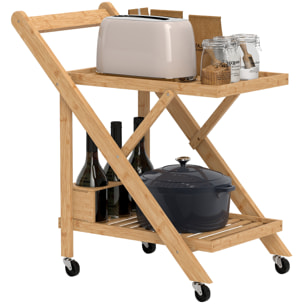 HOMCOM Carrito de Cocina de Bambú con Ruedas, Carro de Cocina Plegable con Soporte para Vino, 2 Estantes, Organizador para Comedor o Salón, 66x40x70 cm, Natural