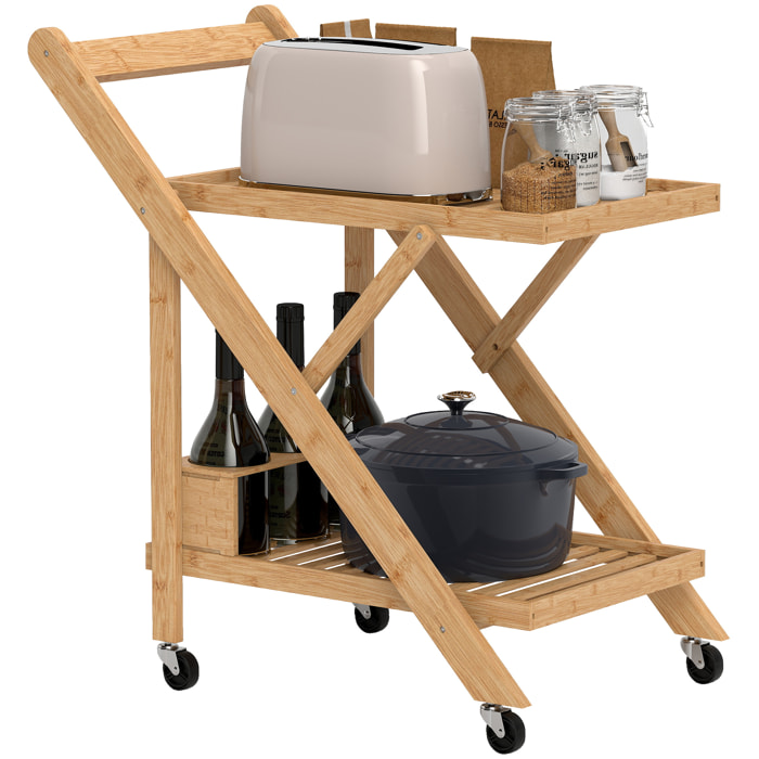HOMCOM Carrito de Cocina de Bambú con Ruedas, Carro de Cocina Plegable con Soporte para Vino, 2 Estantes, Organizador para Comedor o Salón, 66x40x70 cm, Natural