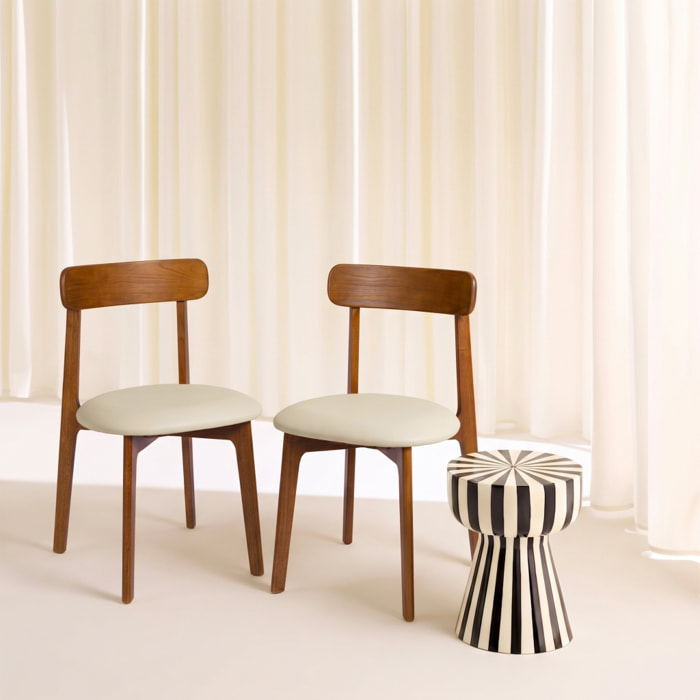 Chaise vintage bois d'hévéa et simili cuir (lot de 2) VICTOIRE