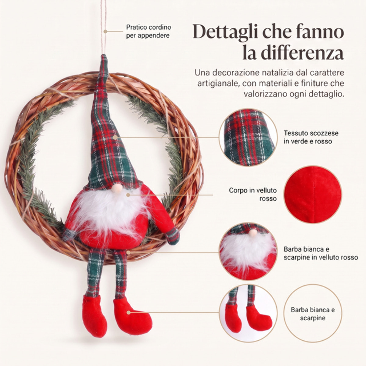 Ghirlanda natalizia con gnomo in poliestere - ROSSO