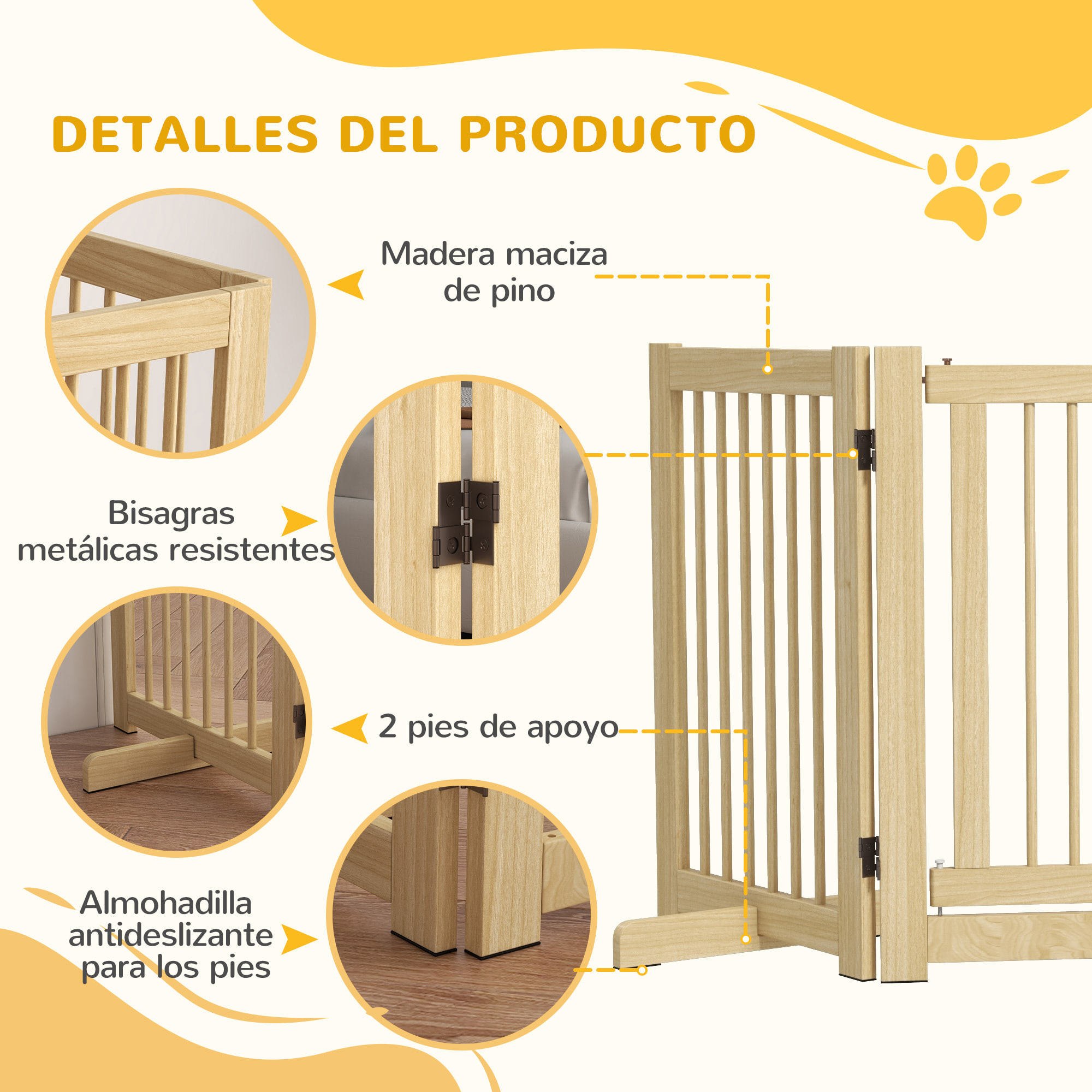 Barrera de Seguridad para Perros de Madera Plegable, para Escaleras y Puertas, Valla para Perros Pequeños y Medianos de 4 Paneles, con Soporte de Pie, para Interiores, 204x36x75 cm, Natural