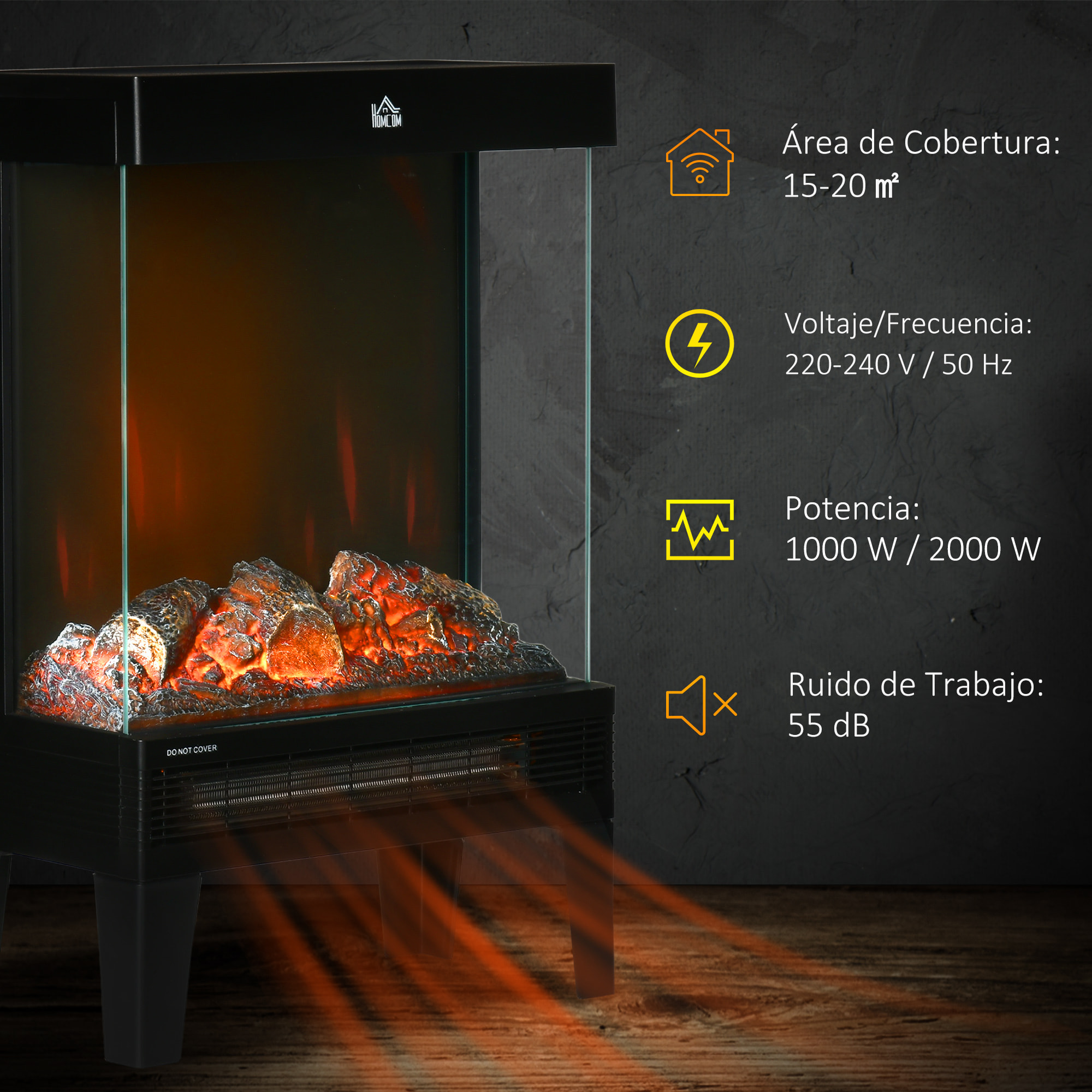 HOMCOM Chimenea Eléctrica 1000W/2000W Calentador de Chimenea con Llama LED Ajustable Termostato y Protección contra Sobrecalentamiento hasta 15-20 m² 40,5x20x62 cm Negro