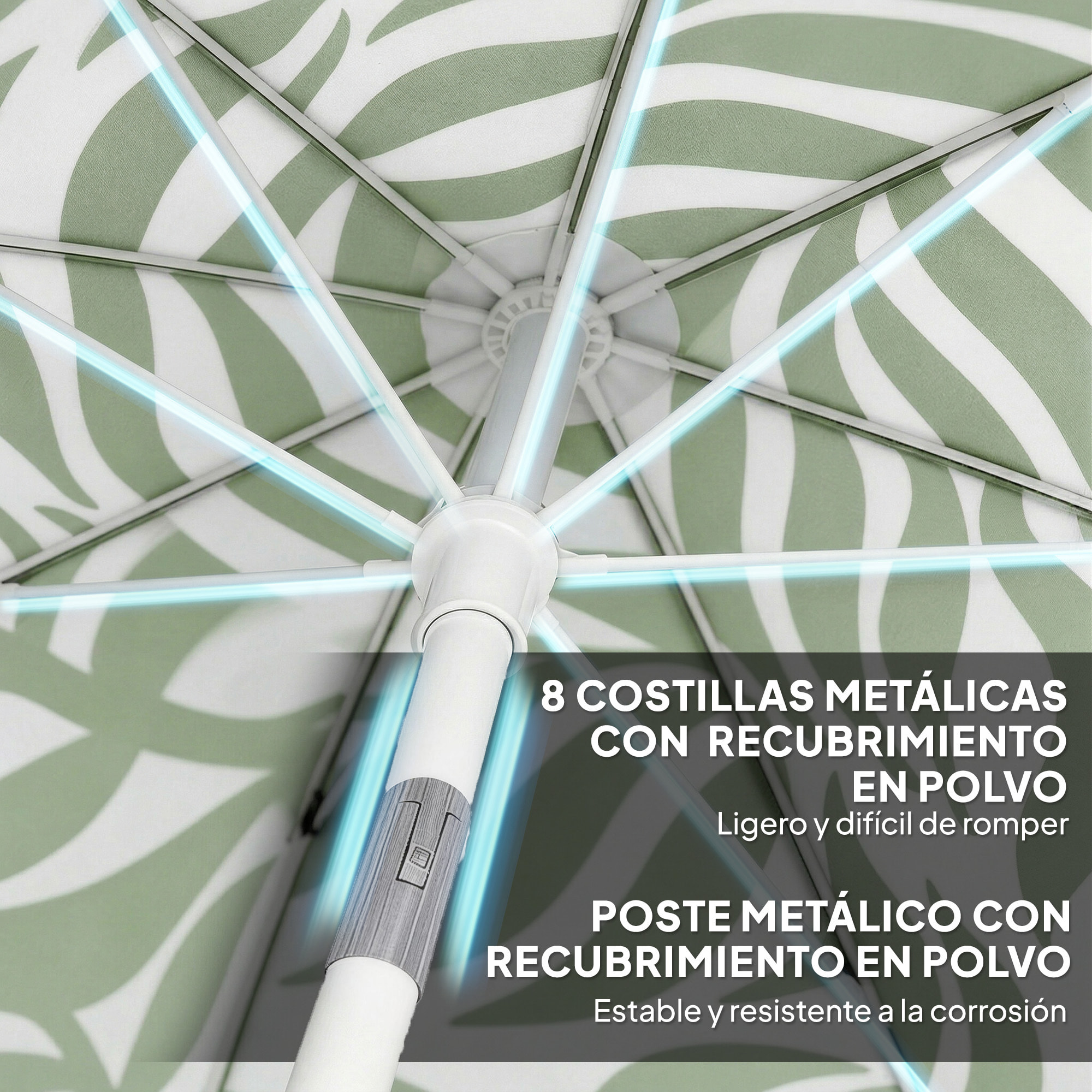 Sombrilla de Playa con Flecos Ø180 cm, Sombrilla de Terraza Exterior con Altura Ajustable, Inclinación, Anclaje Arena y Bolsa de Transporte, UPF30+, Estampado de Hojas, Verde