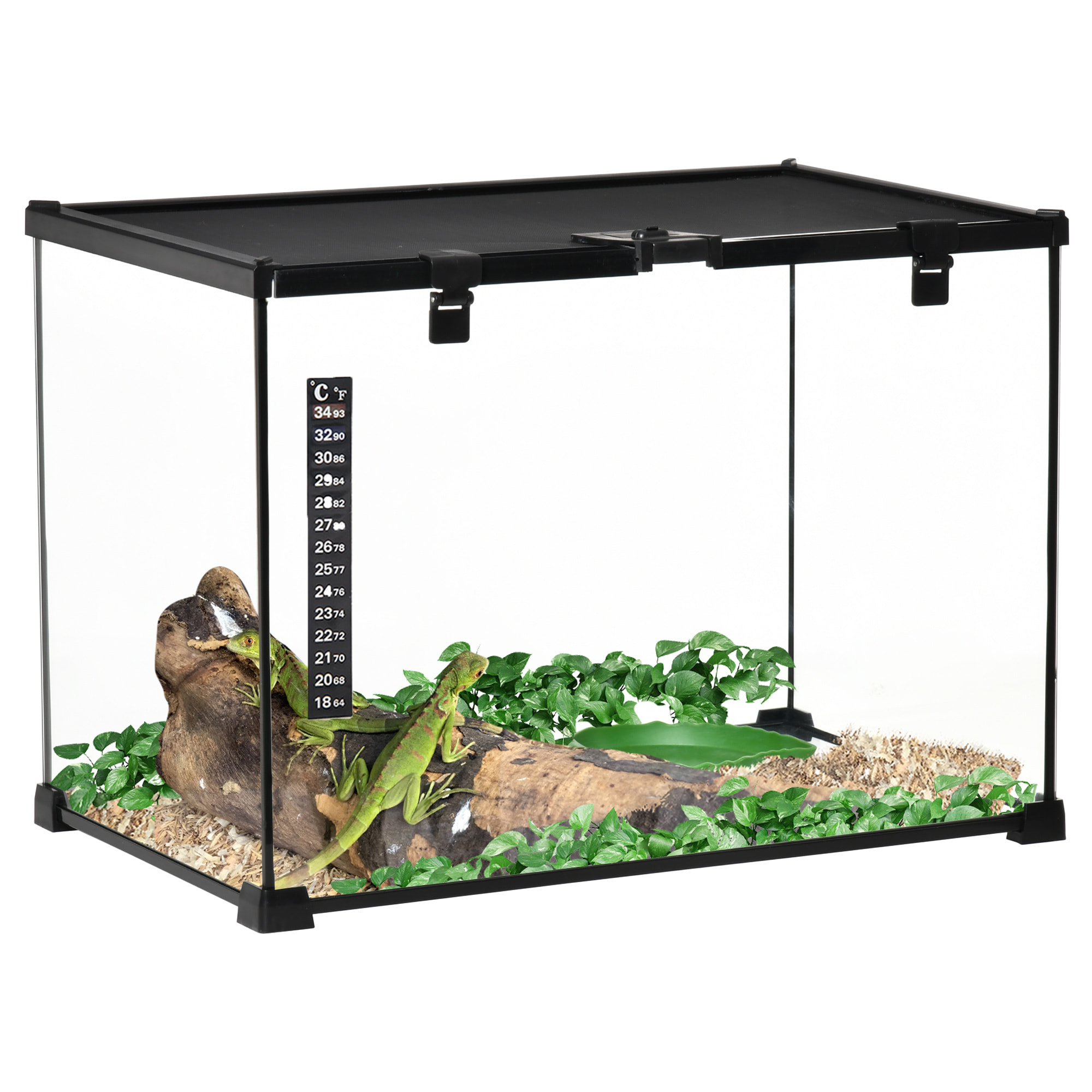 Terrarium en verre - vivarium reptiles & batraciens - habitat tortue - couvercle grillagé coulissant verrouillable - distributeur eau, thermomètre - métal noir verre