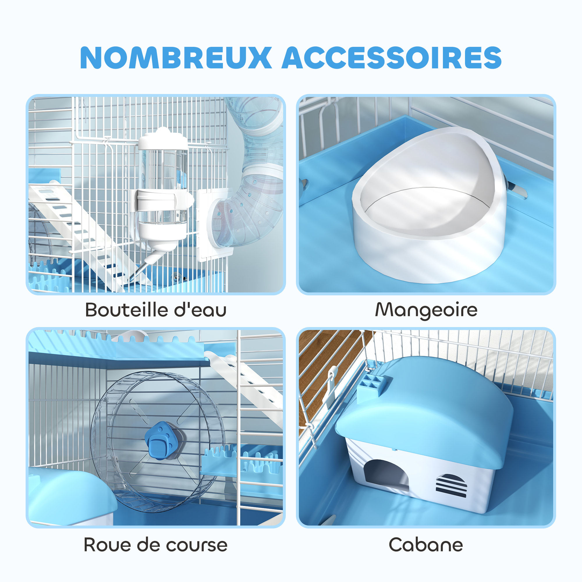 Cage pour hamster portable 2 portes 2 étages nombreux accessoires et tubes blanc bleu