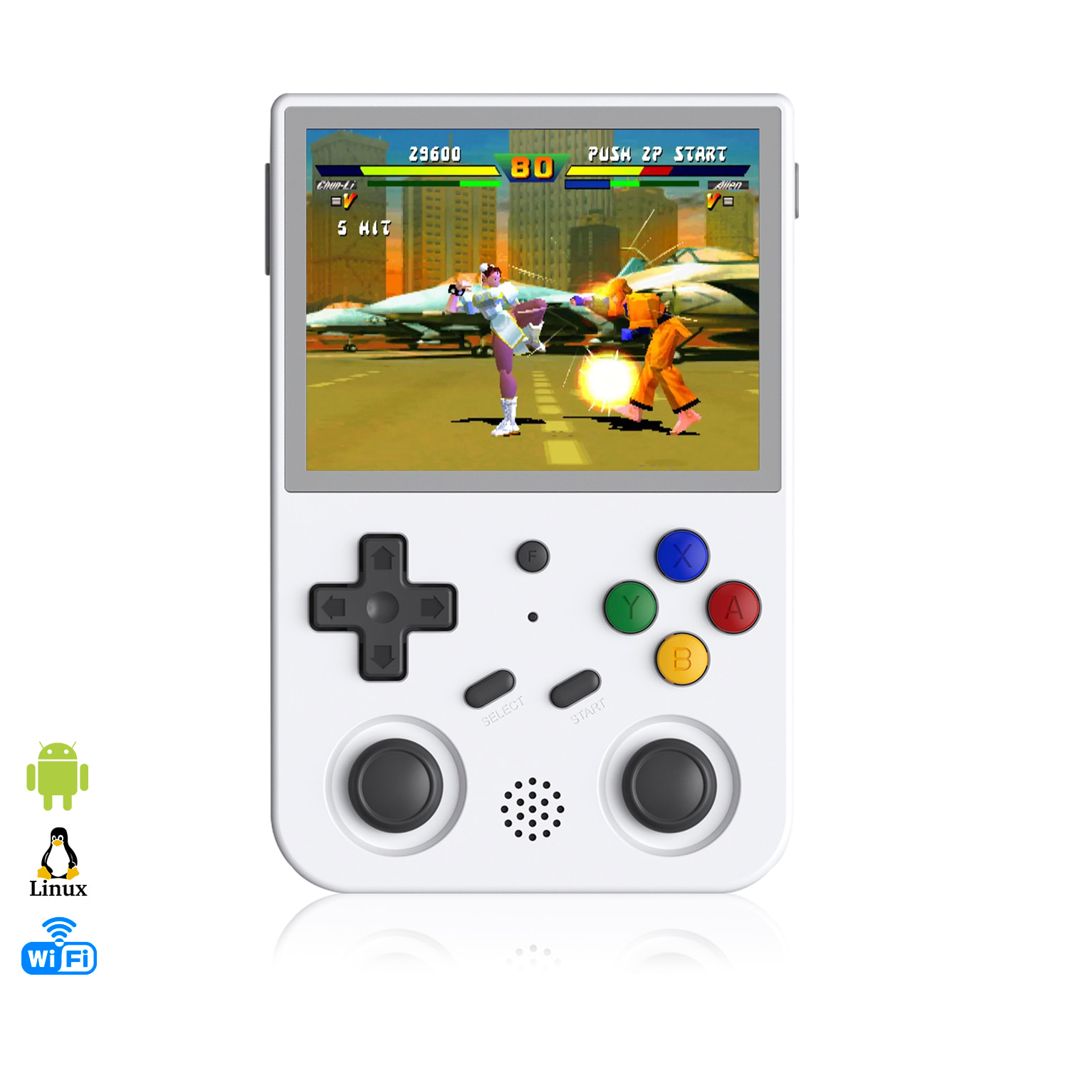 DAM Consola emulador multiplataforma RG353V. Pantalla táctil 3,5" IPS; Android 11 + Linux, Quad-Core 1,8GHz, WiFi, 128GB. +23.000 juegos. 12,6x2,1x8,3 Cm. Color: Blanco