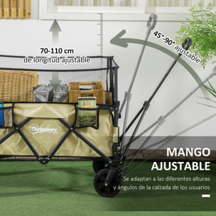 Carro de Jardín 180 L Carro Plegable con Longitud y Ángulo del Mango Ajustables y Paredes Laterales Extensibles Carga 120 kg para Patio Playa Caqui