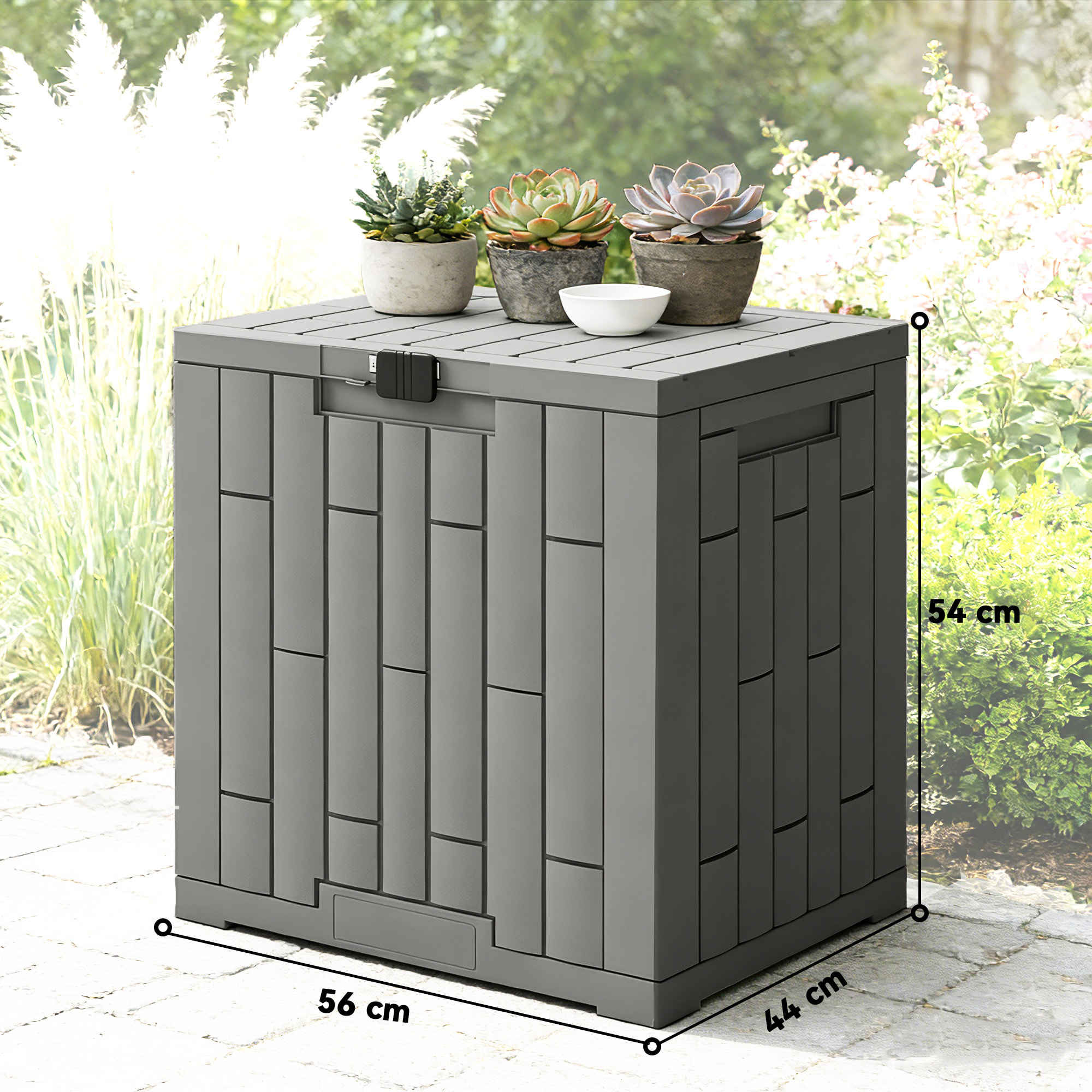 Arcón Exterior Capacidad 114L, Baúl de Almacenaje Exterior de Resina Resistente al Agua y a los Rayos UV, con Cerradura para Jardín, Terraza, Patio, 56x44x54 cm, Gris