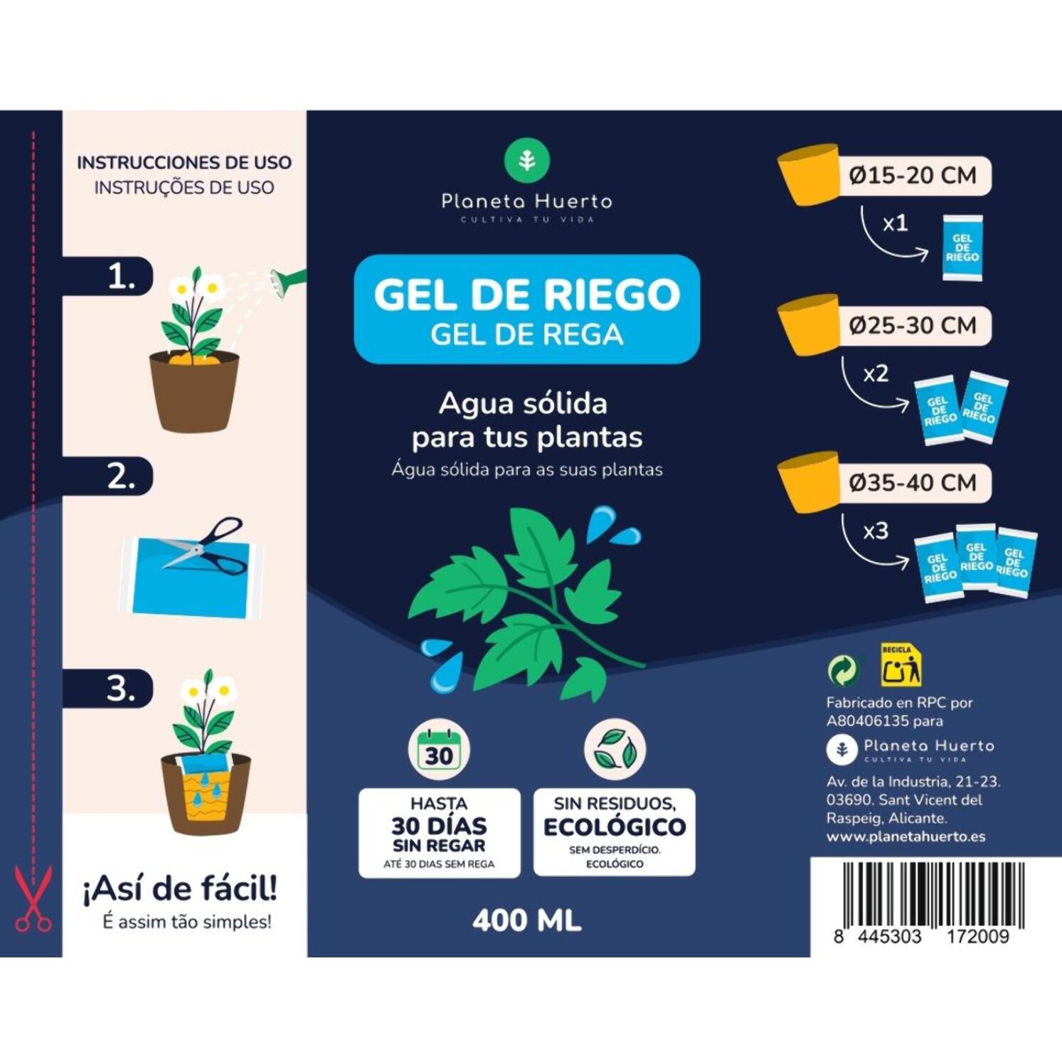 PLANETA HUERTO | Gel de Riego 400 ml – Hidratación Prolongada para Plantas, Ideal para Vacaciones y Climas Secos