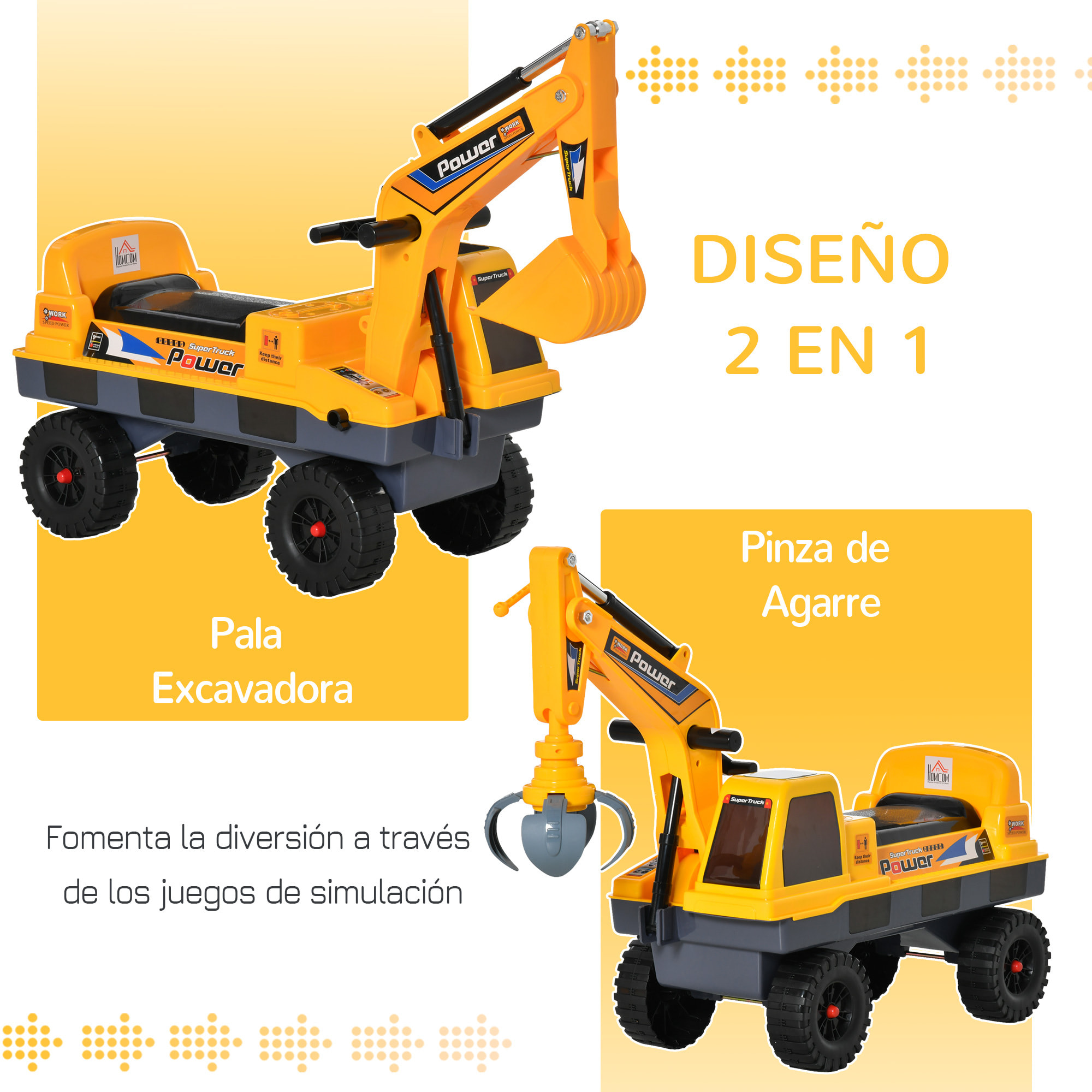 Tractor sin Pedales para Niños de 2-3 Años Excavadora Correpasillos con Pala Delantera Luces Música y Espacio de Alamcenaje Oculto 90x28x58 cm Amarillo