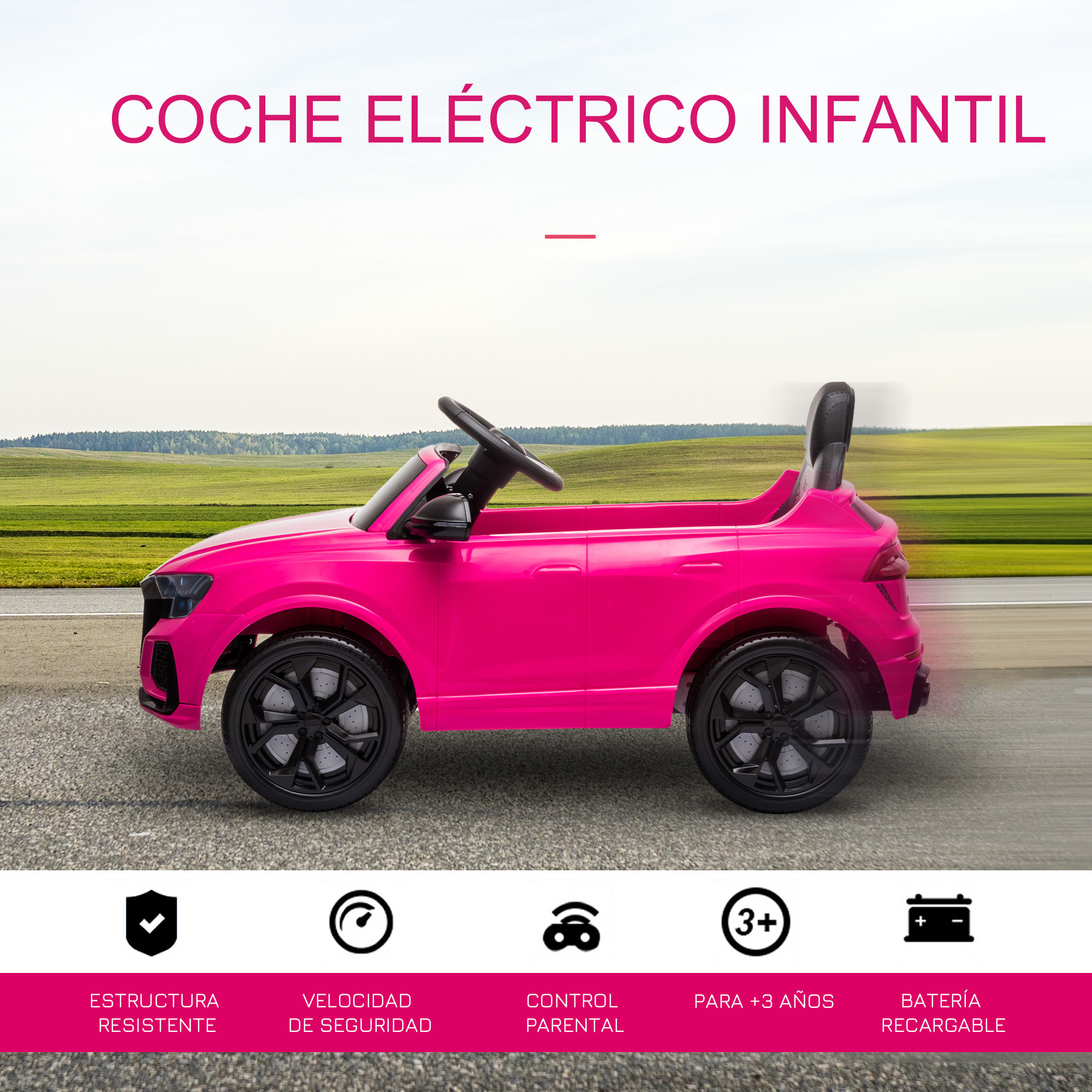 Coche Eléctrico para Niños +3 Años Audi RS Q8 con Batería 6V Mando y Luces Rosa