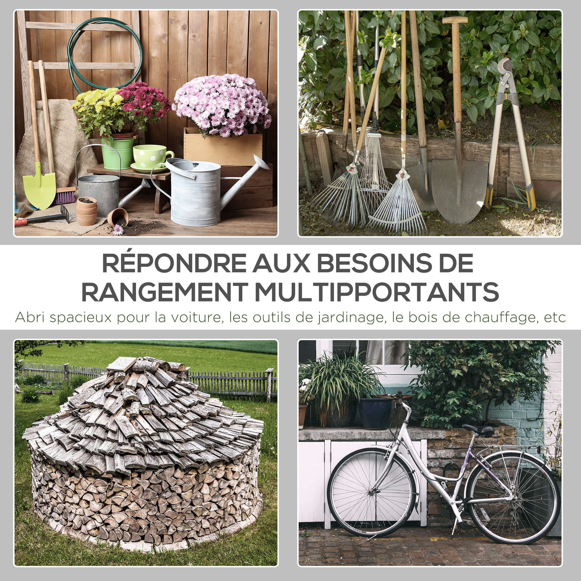 Abri de jardin - tente de stockage - abri de vélo - 2 portes zippées - dim. 280L x 240l x 240H cm - métal PE gris