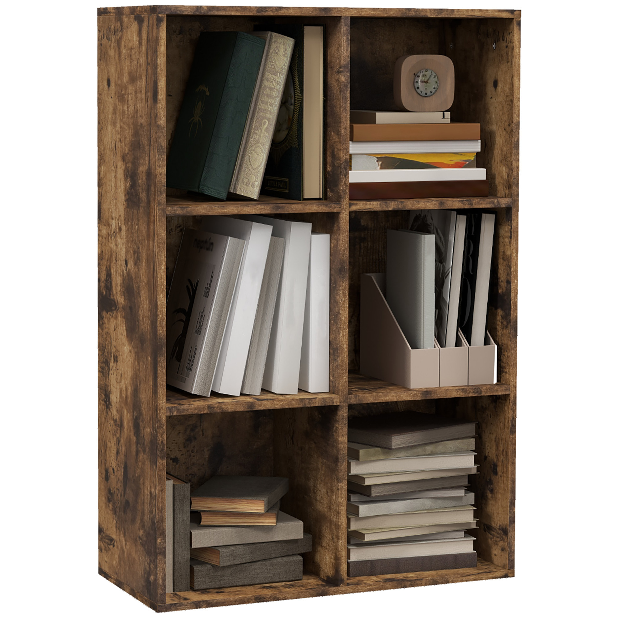 Librería de 3 Niveles, Estantería para Libros con 6 Cubos de Almacenaje, para Sala de Estar, Dormitorio, Estudio, Oficina, 65,5x30x97,5 cm, Marrón Rústico